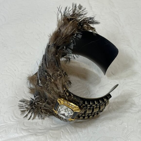 VTG Bird Feathered Crystal Rhinestones Brass Metal Bracelet Adjustable 6.5" - Picture 2 of 16
